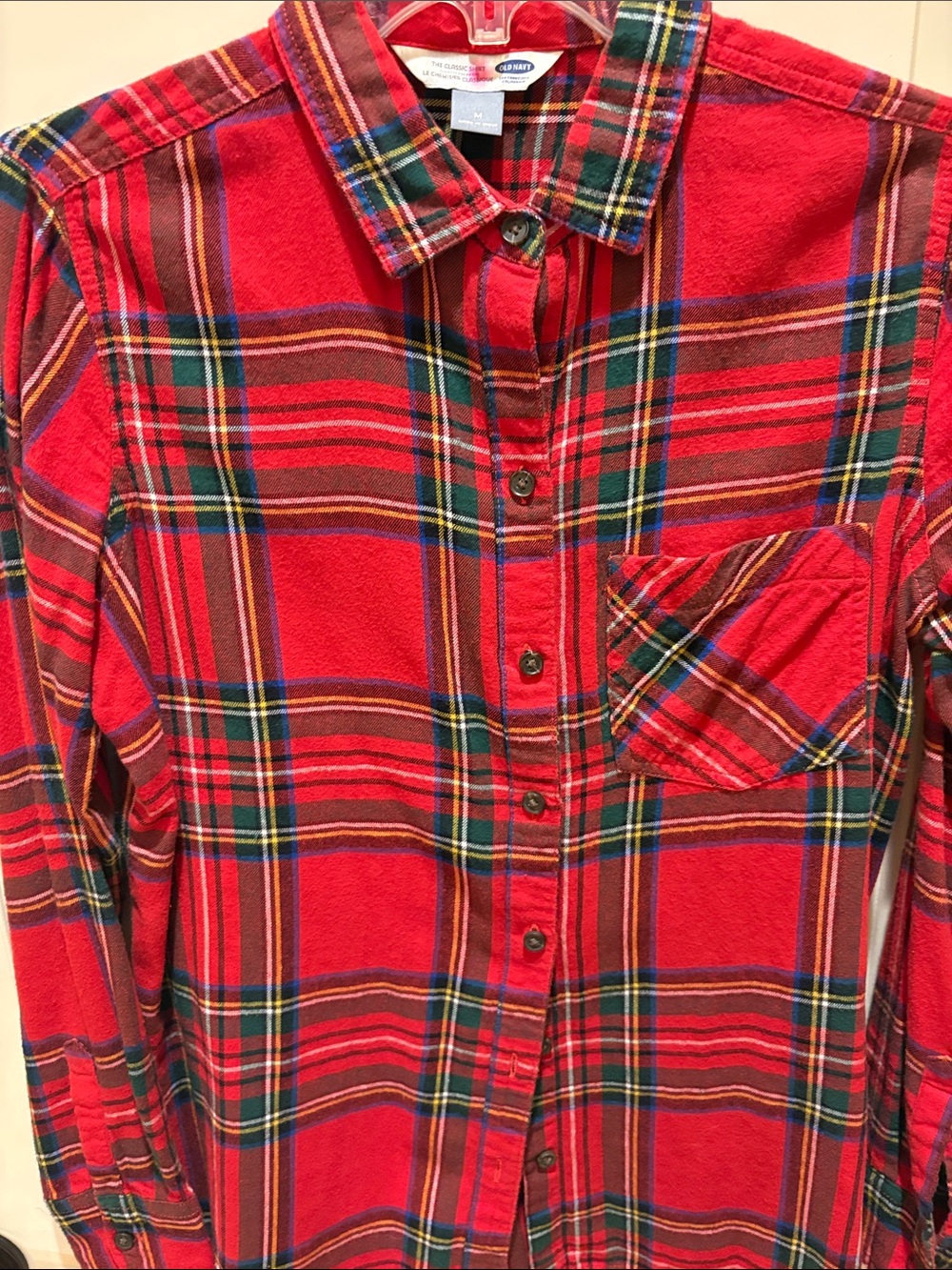 Old Navy Red Plaid Button-Down Shirt with Green, Navy & Yellow Accents